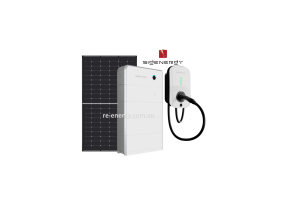 Custom solar and battery system with rooftop panels, wall-mounted lithium battery bank, and hybrid inverter installed on a rural property.